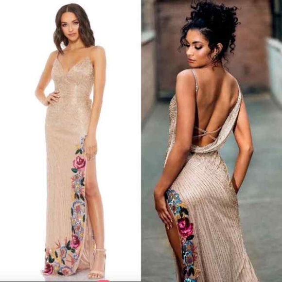 Mac Duggal 5238 Floral Slit Open Back Beaded Dress Size NWT Nude